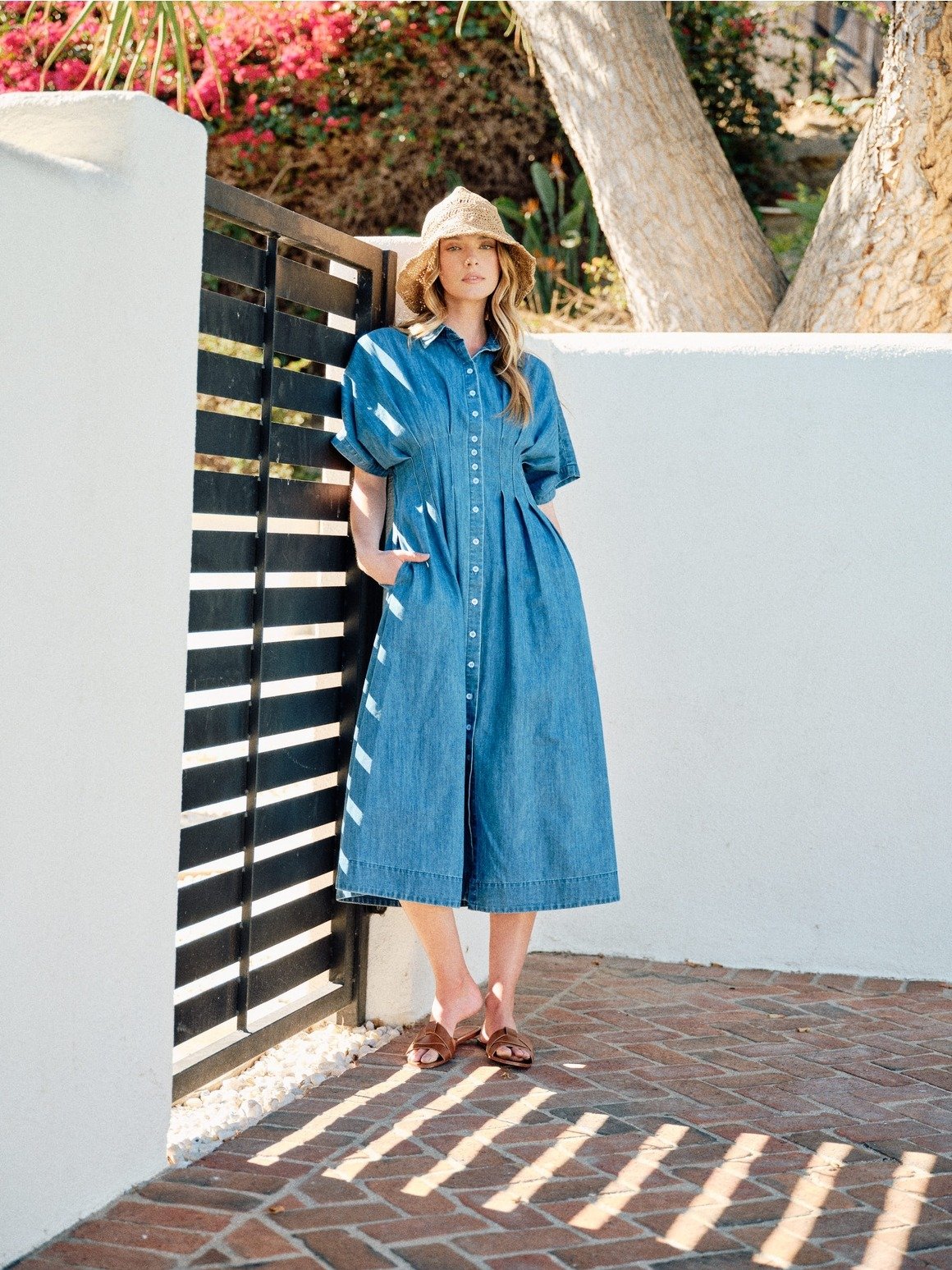 Collared Button Down Pleated Midi Dress Denim