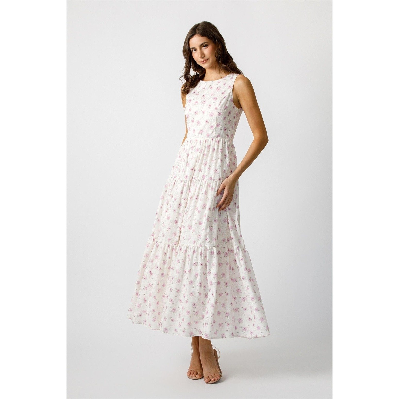 Swiss Dot Tiered Maxi Dress Ivory & Lilac Floral