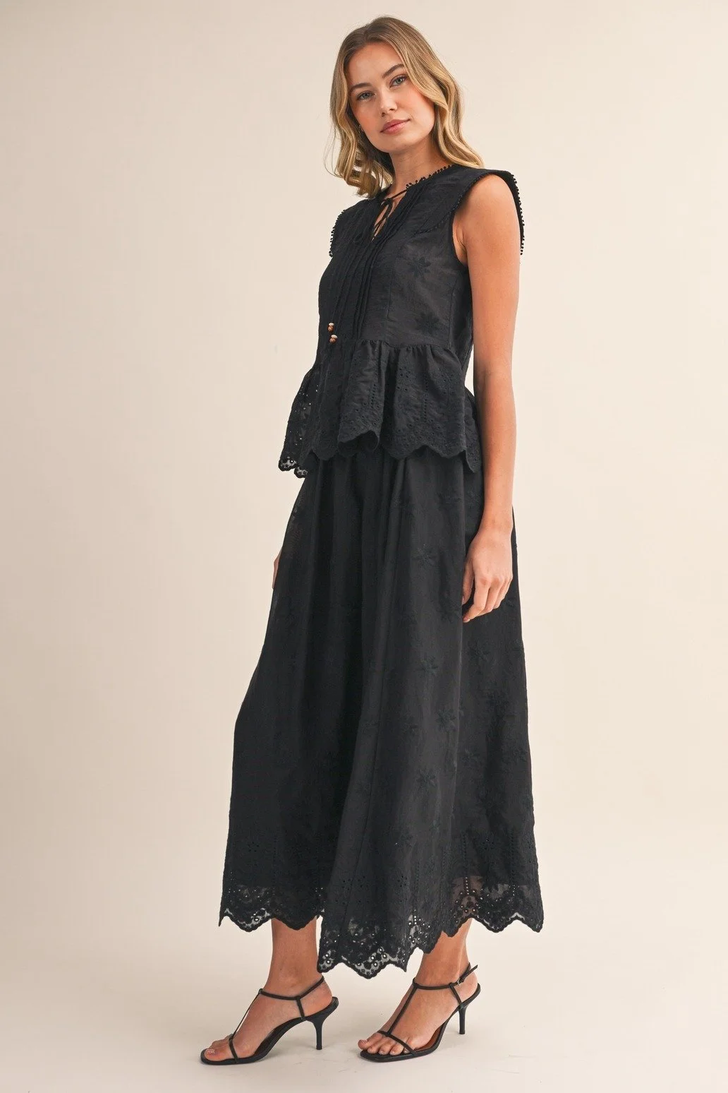 Embroidered Eyelet Blouse & Midi Skirt Set Black