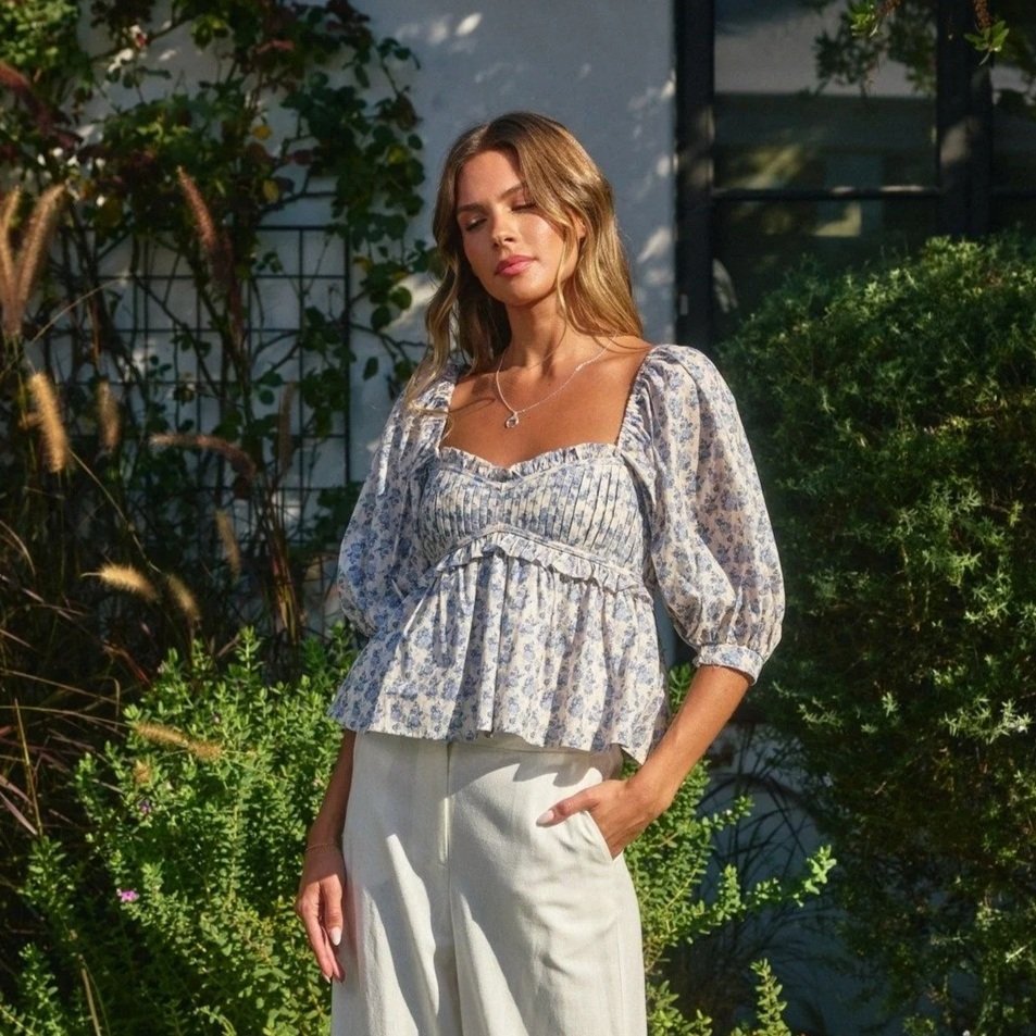 Puff Sleeve Babydoll Top Parisian Bloom