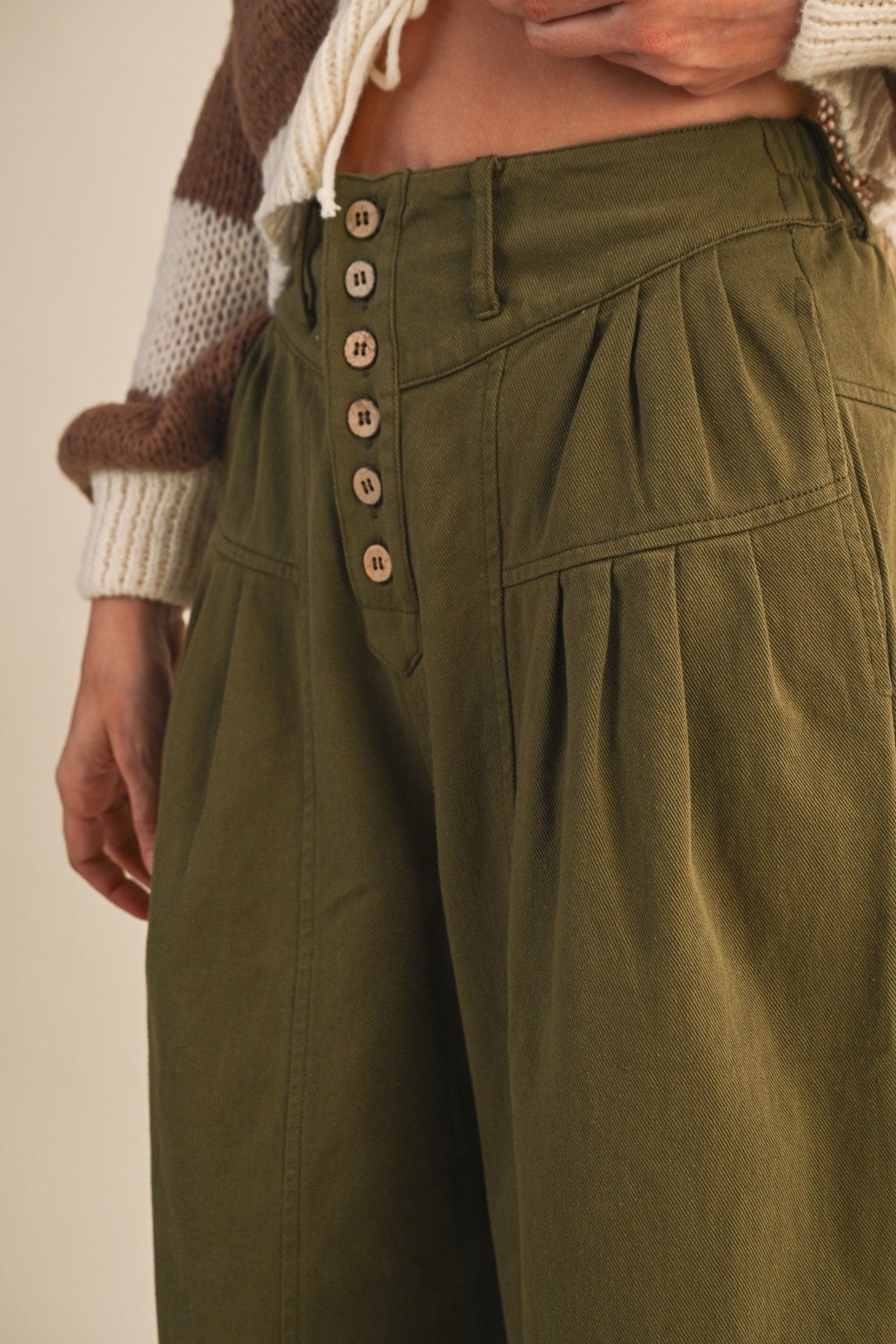 Cotton Twill Pleat Front Pants Olive