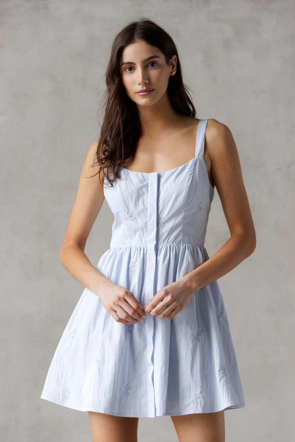 Tiny Bow Embroidered Mini Dress Baby Blue  Byron & Barclay