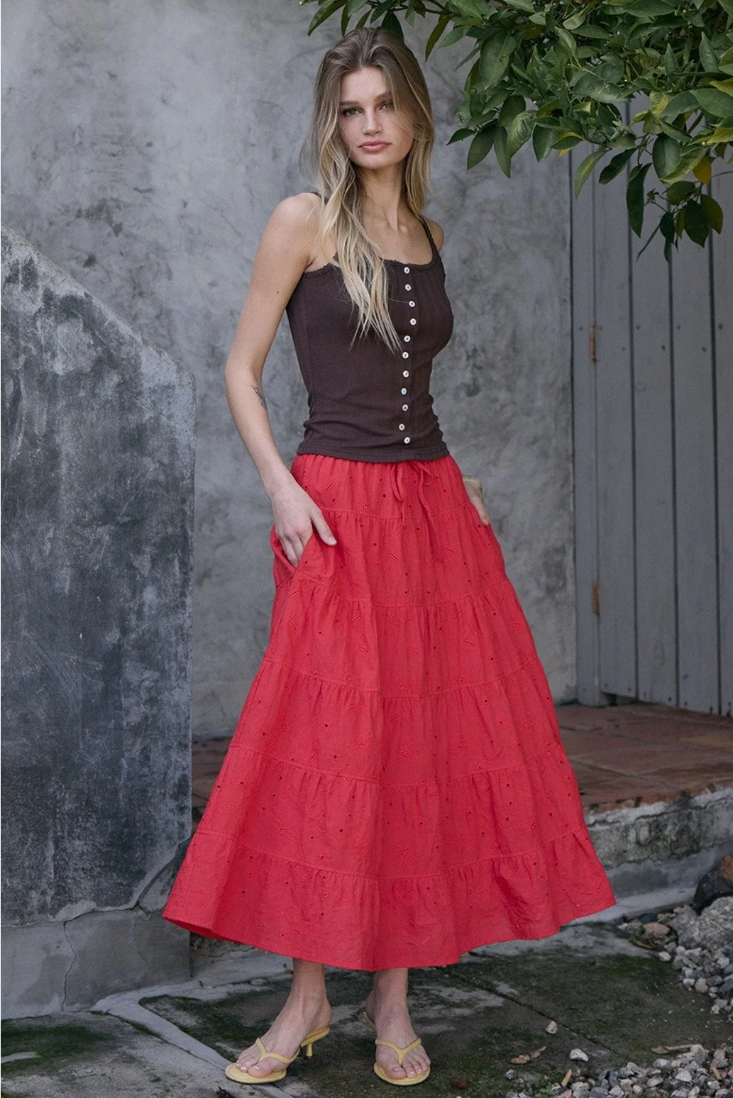 Pointelle Ribbed Button Front Cami Brown