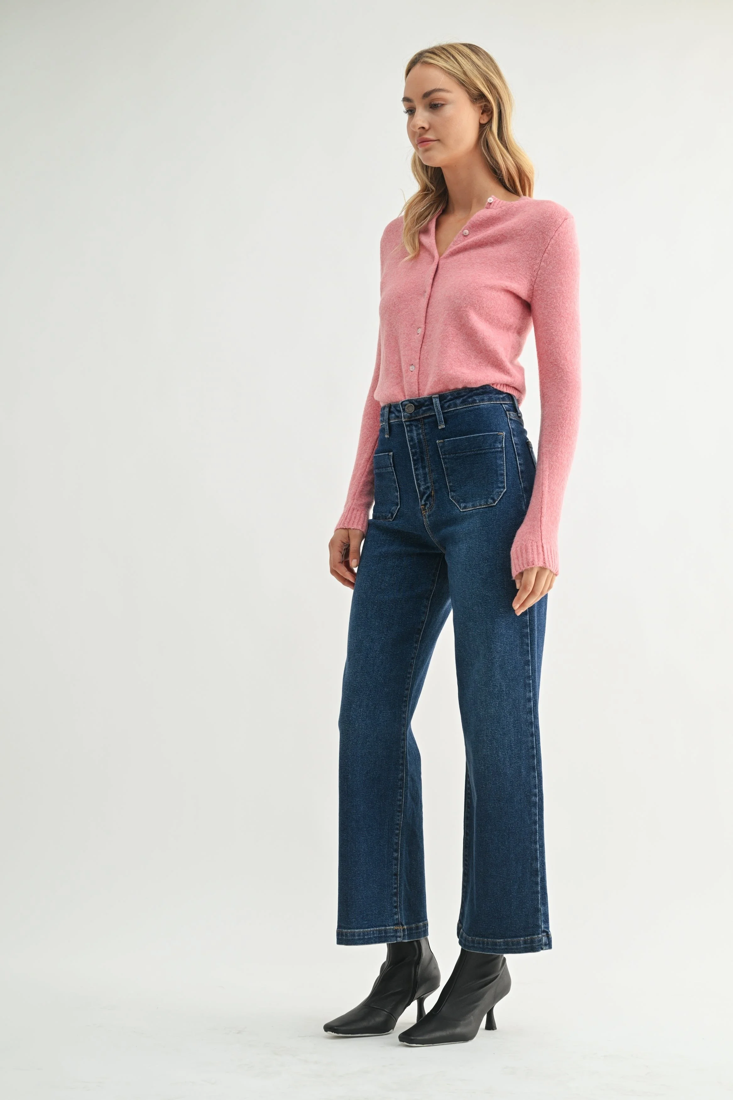Patch Pocket Wide Leg Jeans Dark Denim