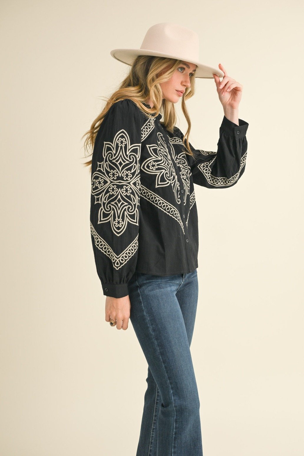 Western Embroidered Puff Sleeve Button Blouse Black