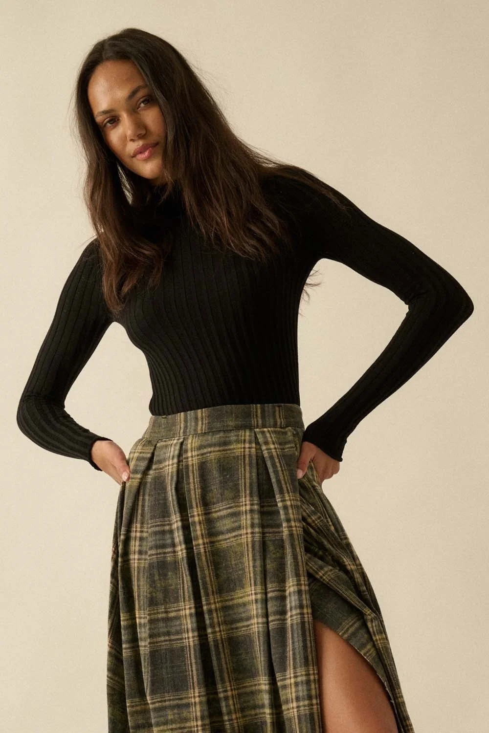 Sheer Ribbed Mock Neck Top Black