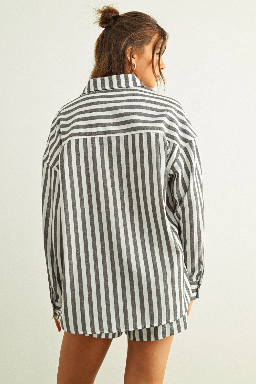 Linen Collared Button Down Black & White Stripe