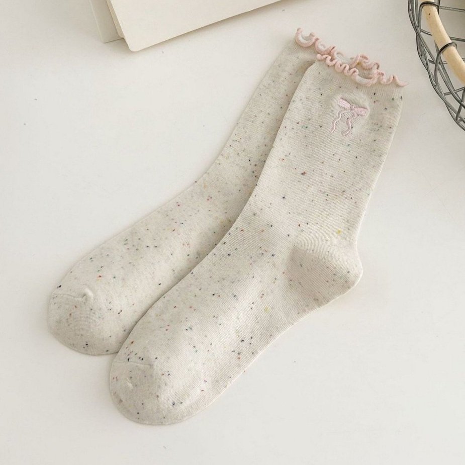 Pink Ruffle & Bows Socks Oatmeal Fleck