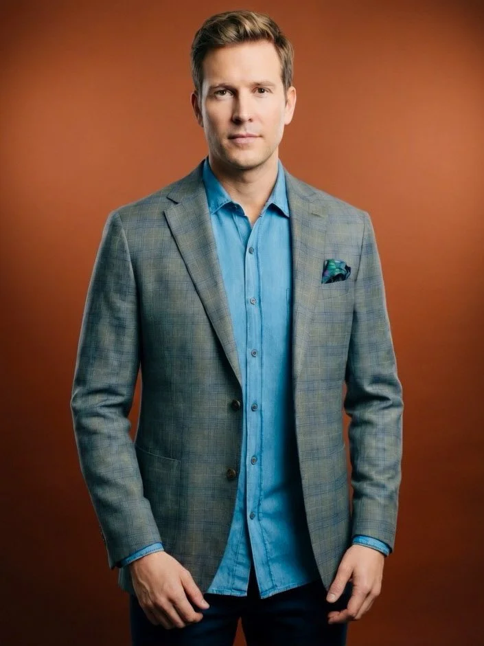 Notch Lapel Sport Coat Wool/Silk/Linen - Olive/Blue Plaid - 6308