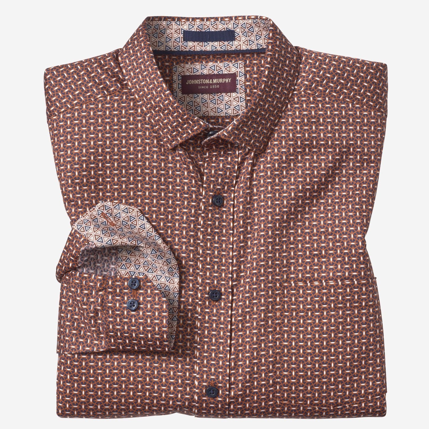 J&M Printed Cotton Shirt Rust/Navy Linked Ovals