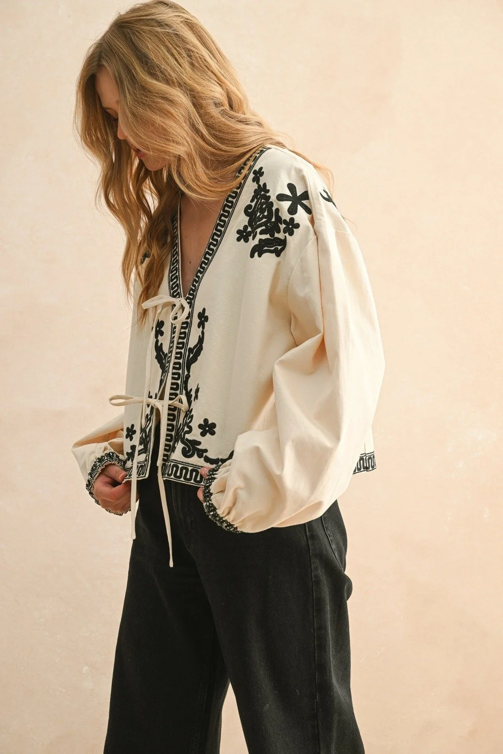 Floral Embroidered Tie Front Jacket Ecru