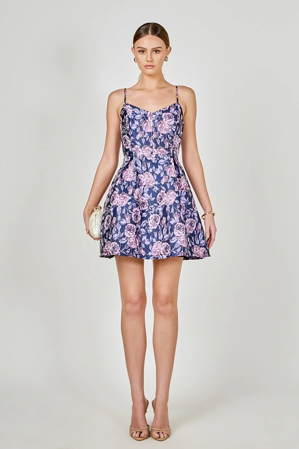 Floral Jacquard Sweetheart Neckline Mini Dress Purple