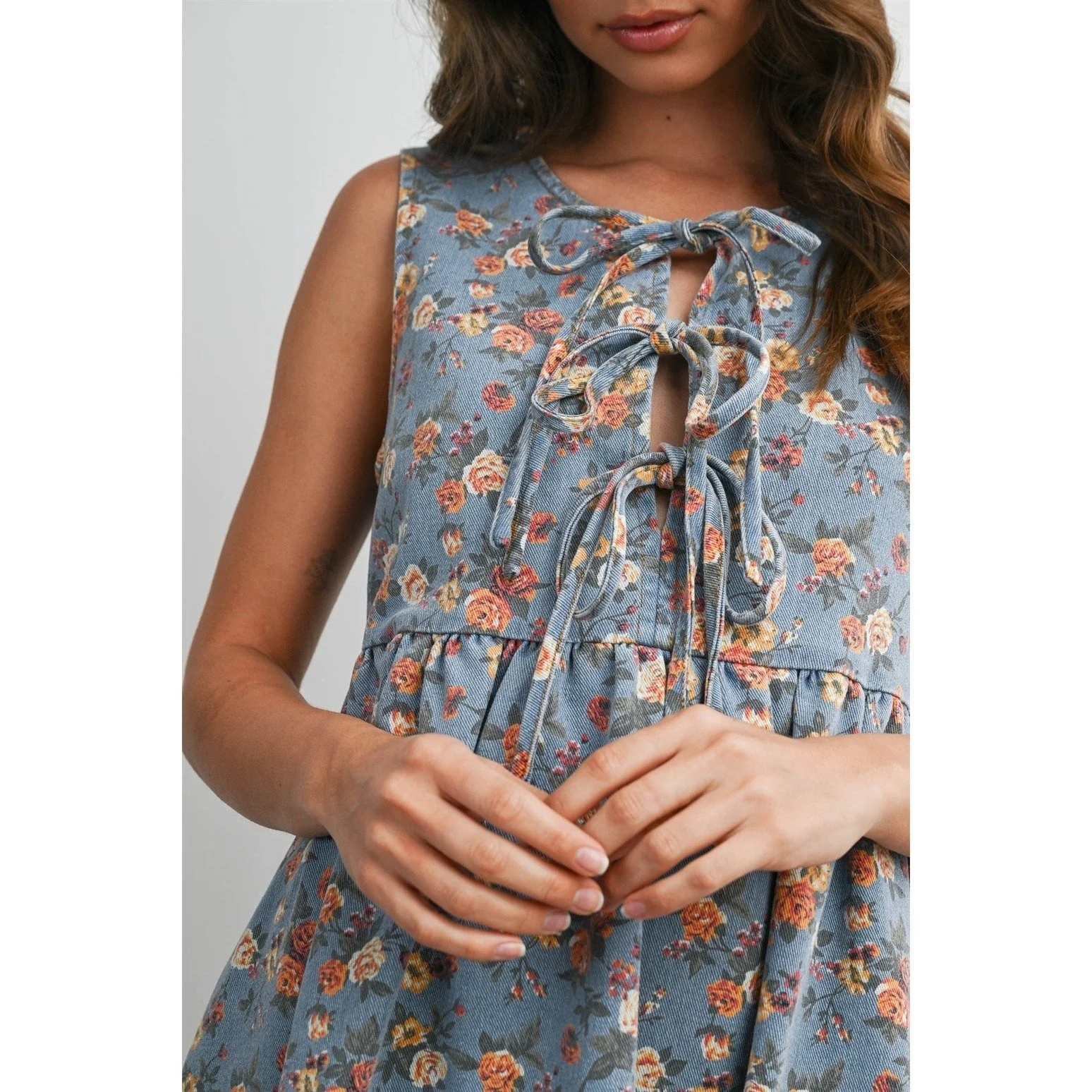 Tie-Front Babydoll Dress Denim Floral