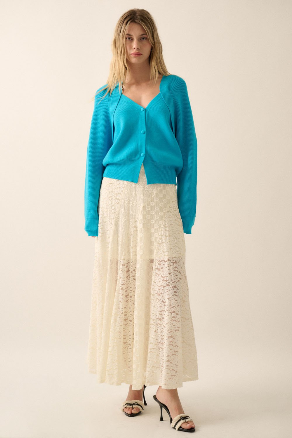 Floral Lace Panel Maxi Skirt Cream