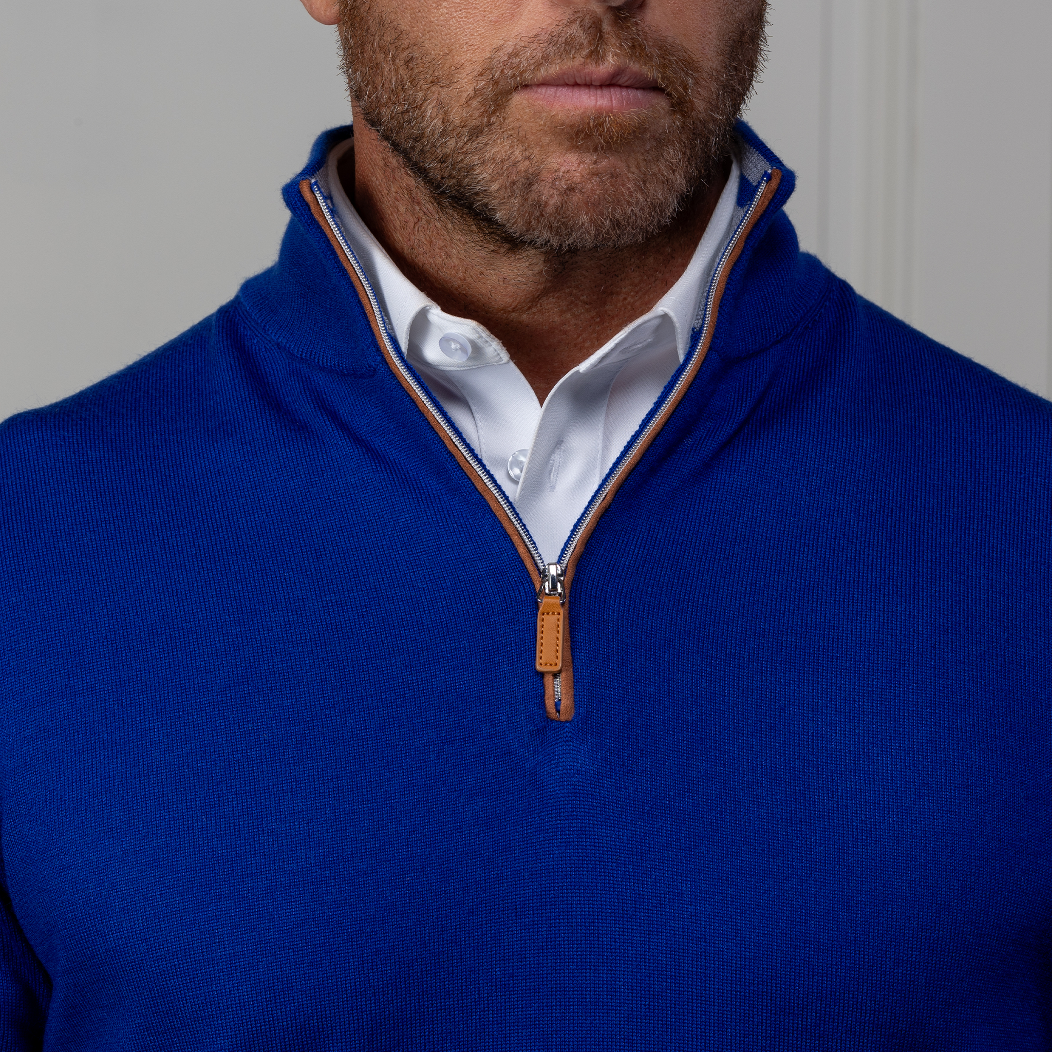 Collars & Co. - Cashmere Touch Australian Merino Quarter Zip Sweater - Royal Blue with Brown Suede Trim - 4.png