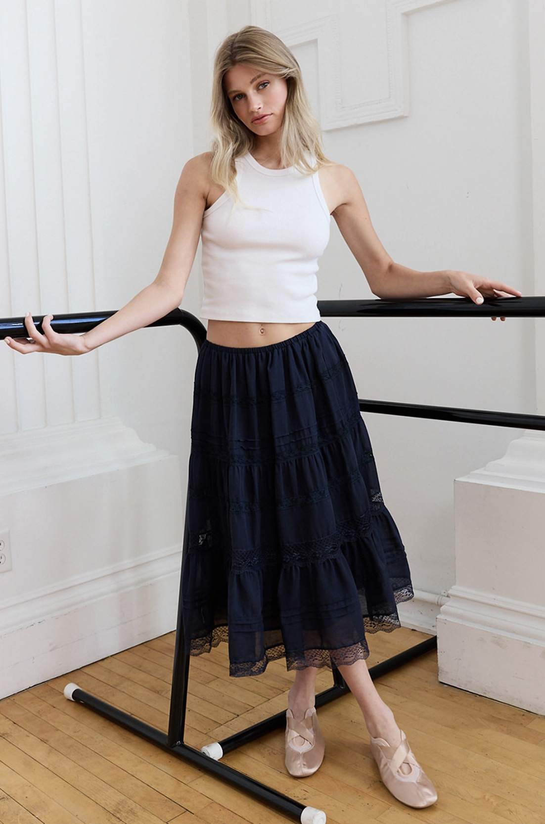 Lace Panel Tiered Midi Skirt Navy