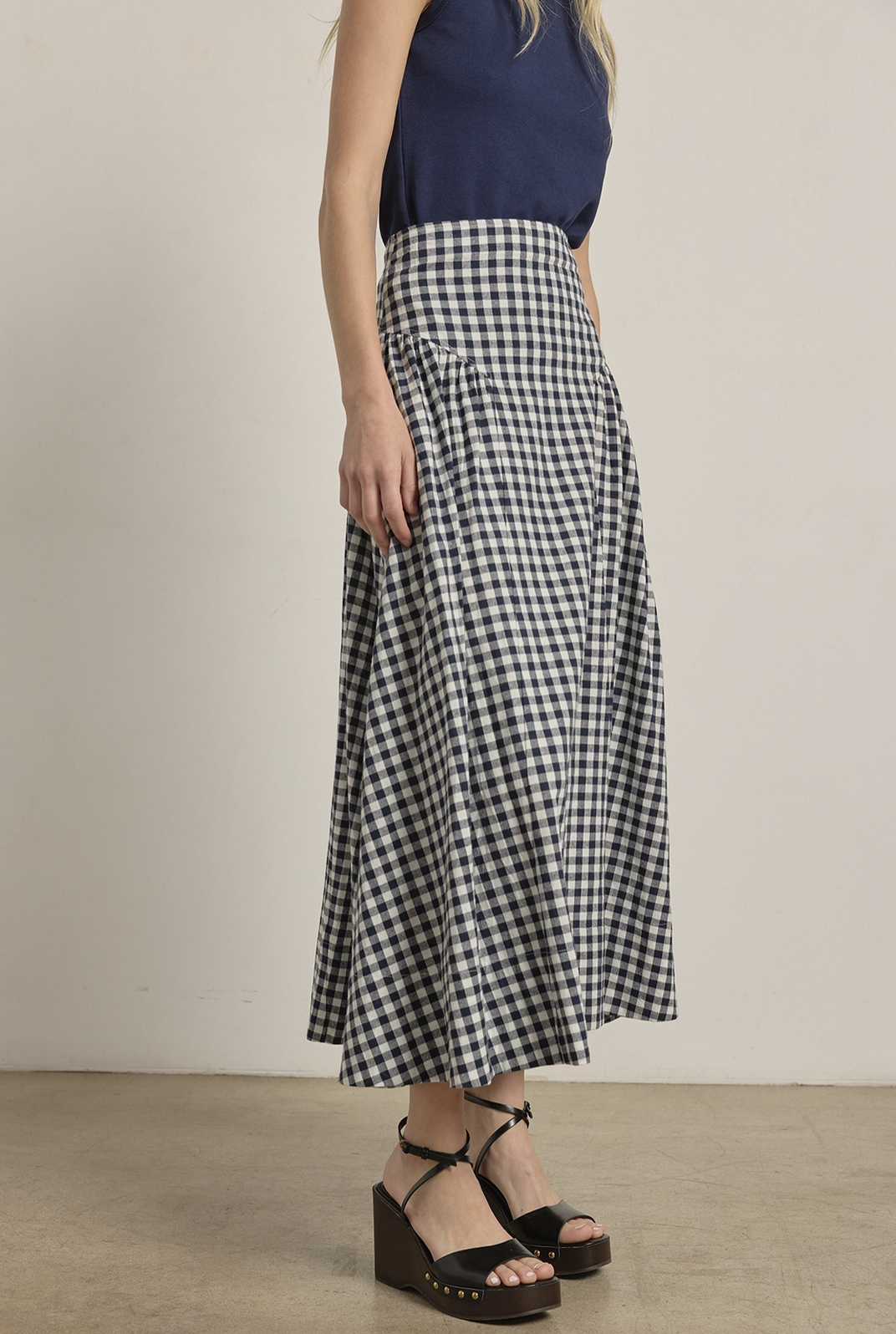 Hip Pleat Midi Skirt Navy Gingham