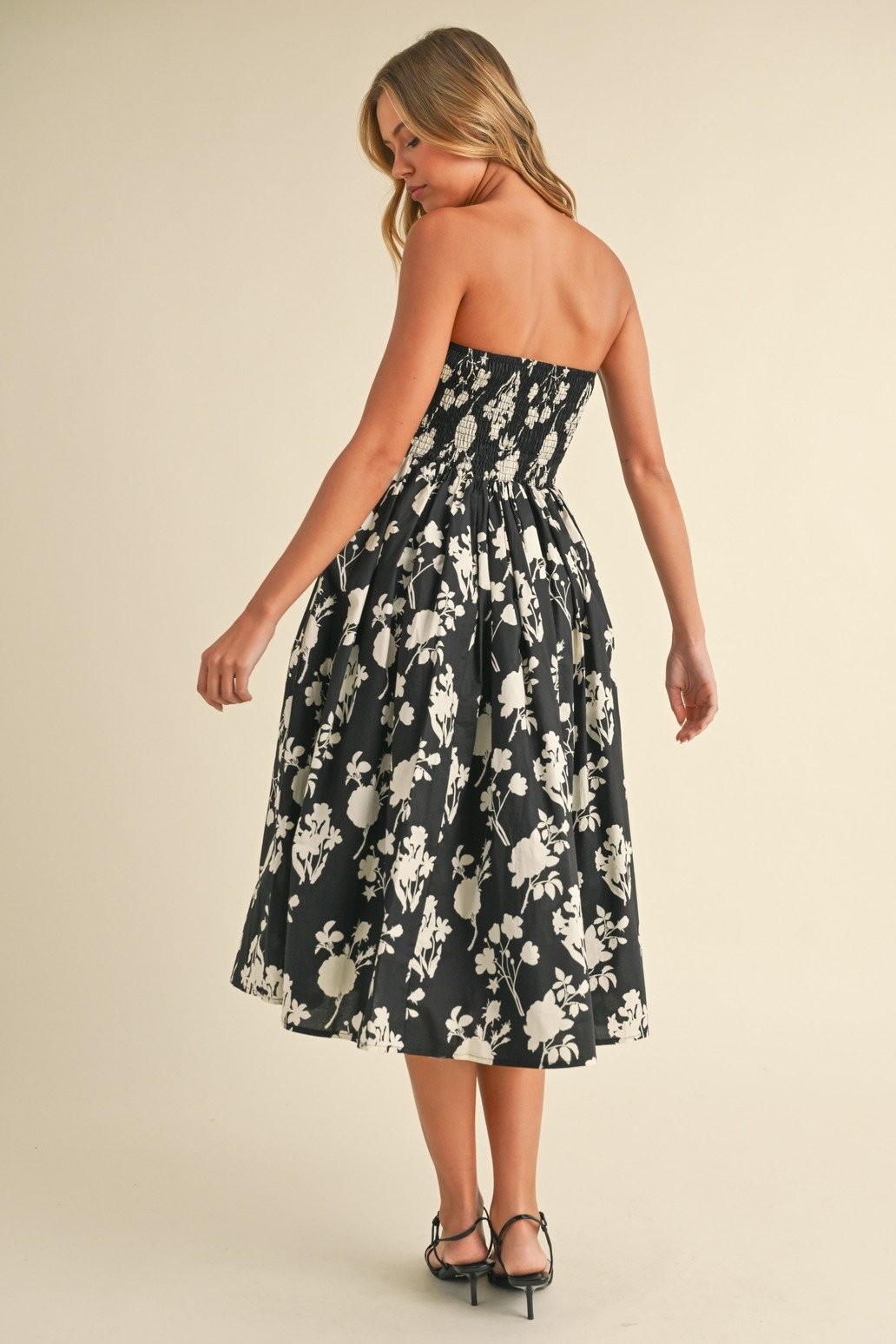Strapless Tea Dress Black & Ivory Floral
