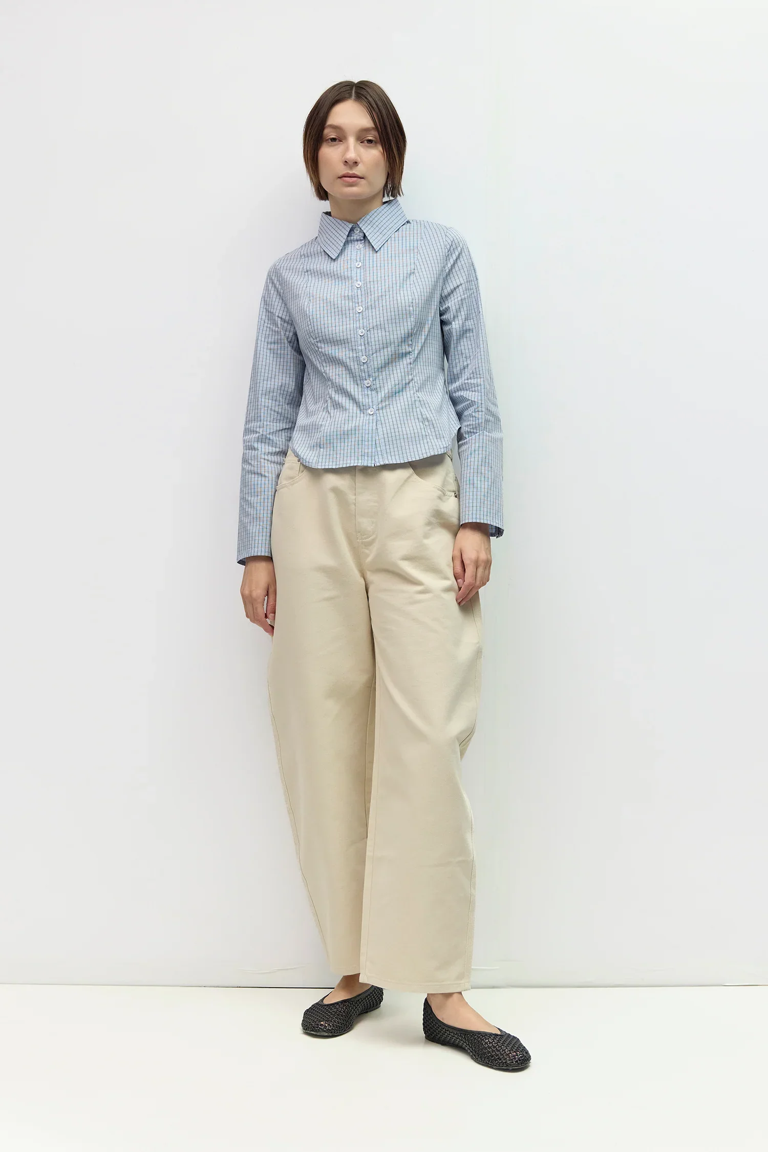 The Nicole Tapered Collared Top Blue Plaid