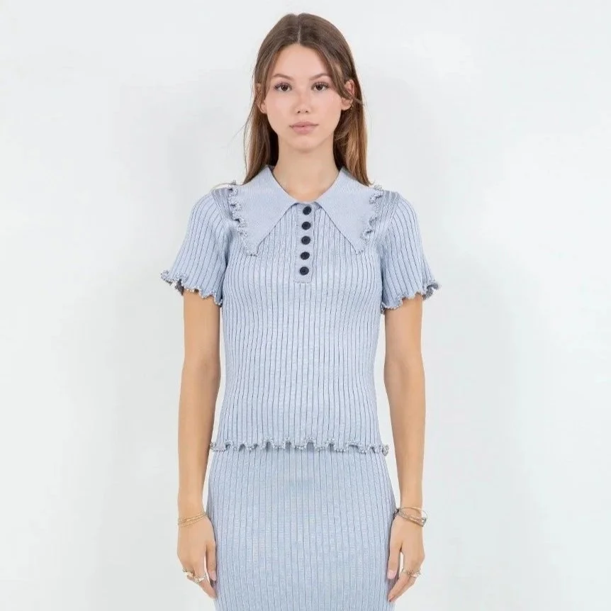 Ruffled Beaded Edge Sweater Top Baby Blue