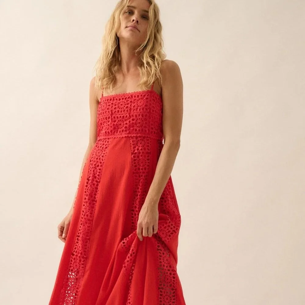 Crochet & Crepe Paneled Midi Dress Coral Red