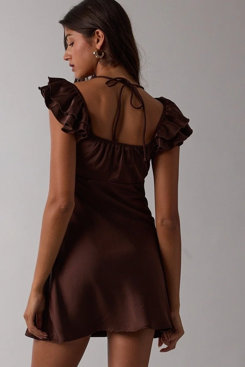 Ruffle & Lace Satin Slip Mini Dress Chocolate