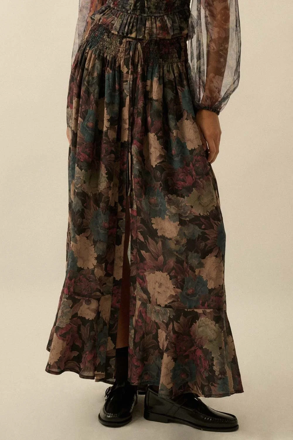 Drawstring Button Maxi Skirt Dark Floral