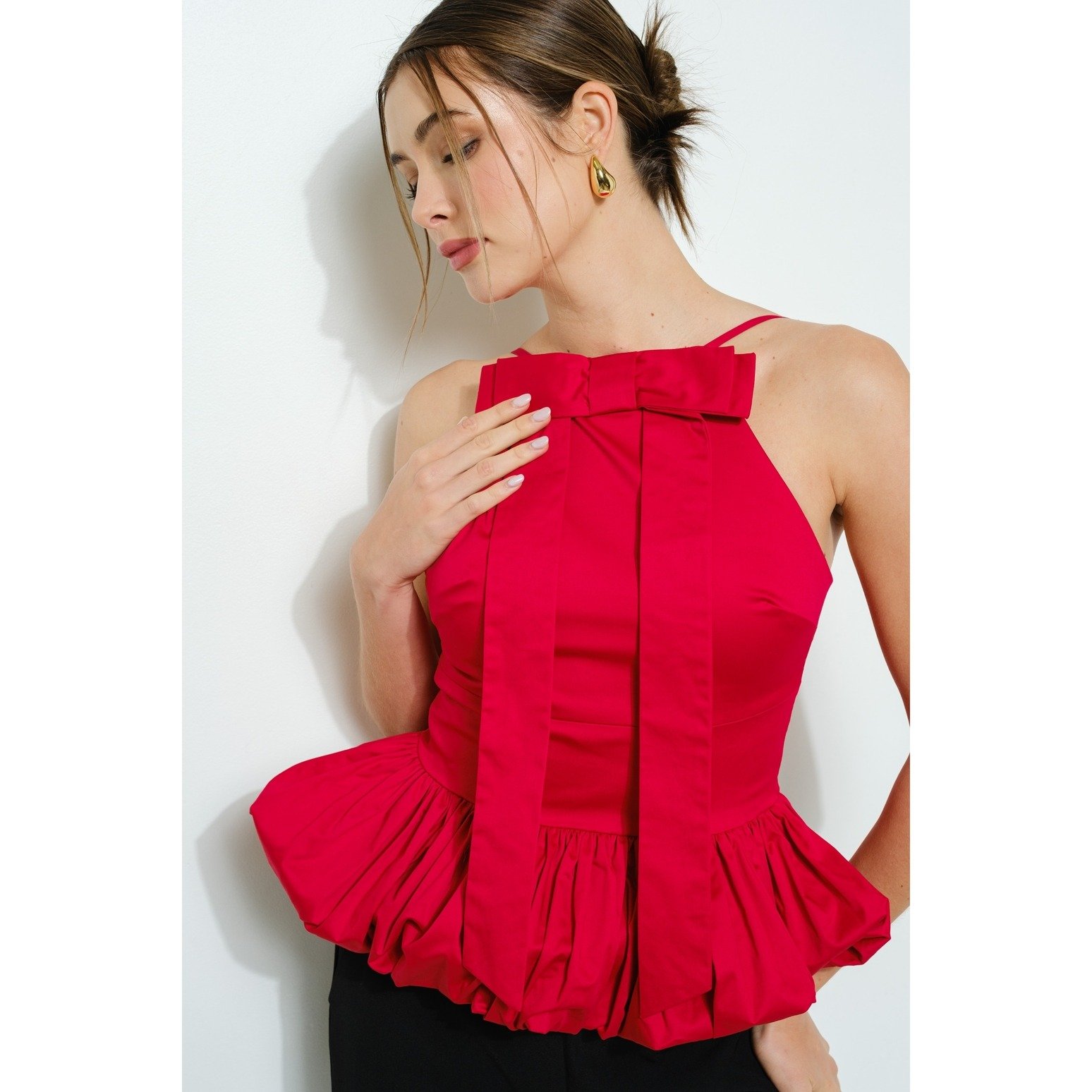 Bow Front Bubble Hem Top Red