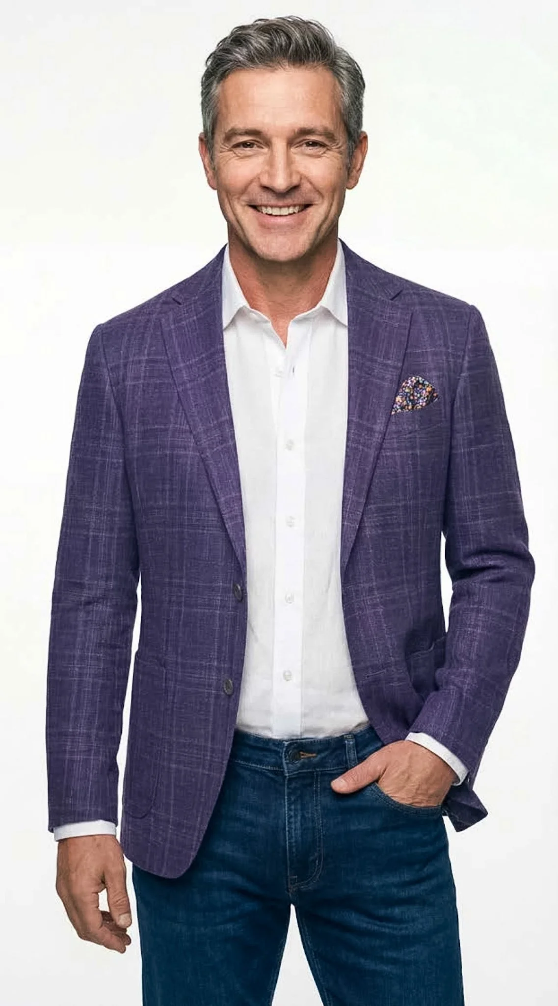 Notch Lapel Sport Coat Guabello Wool/Silk/Linen - Purple Windowpane - 6311