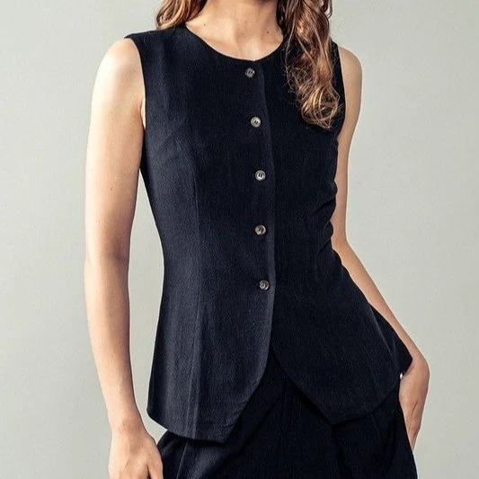 Sleeveless Button Down Linen Vest Black