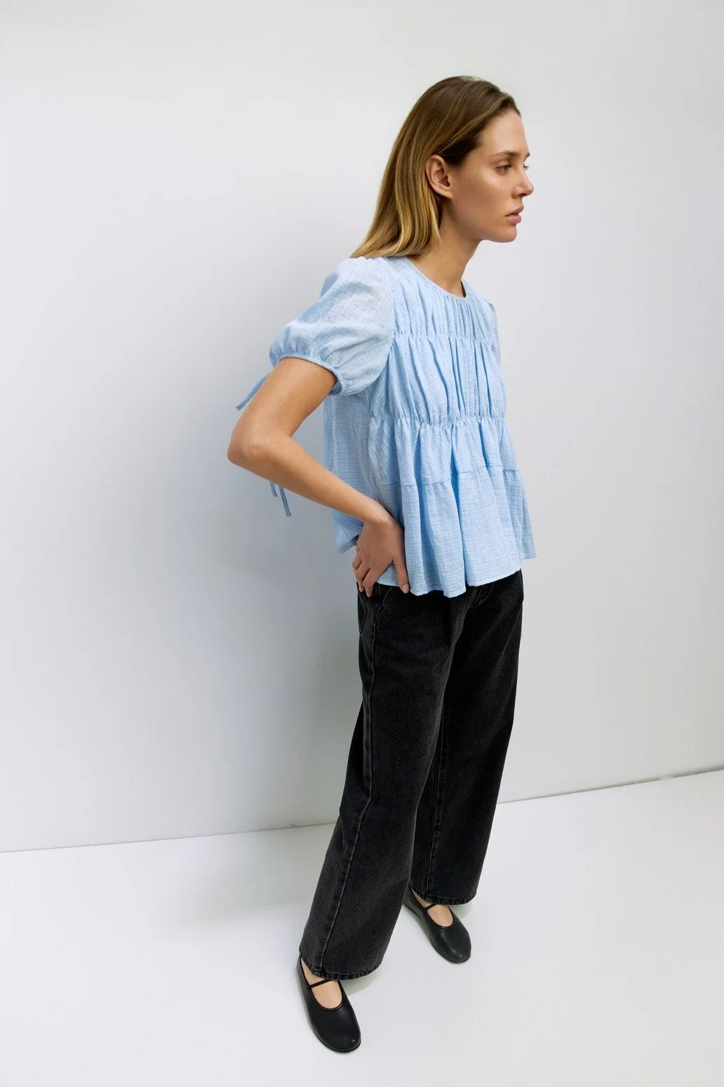 The Penelope Tiered Woven Top Blue