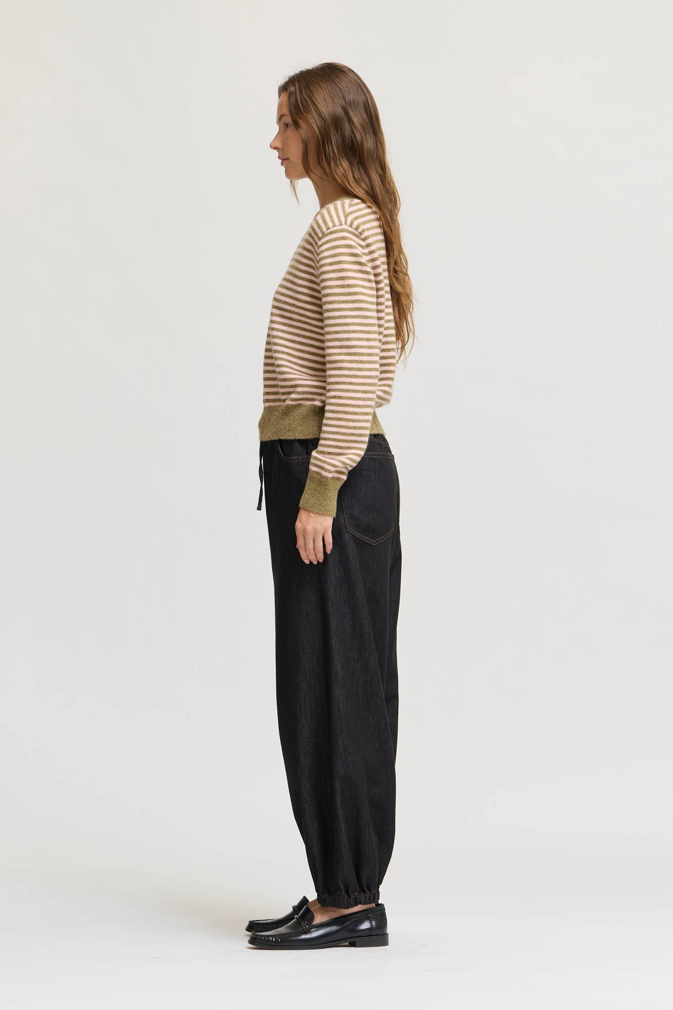 Striped V-neck Banded Sweater Dry Sage & Pink