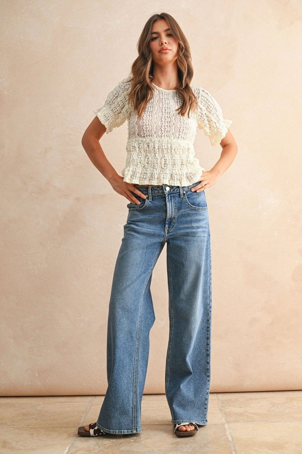 Puff Sleeve Lace Peplum Blouse Cream