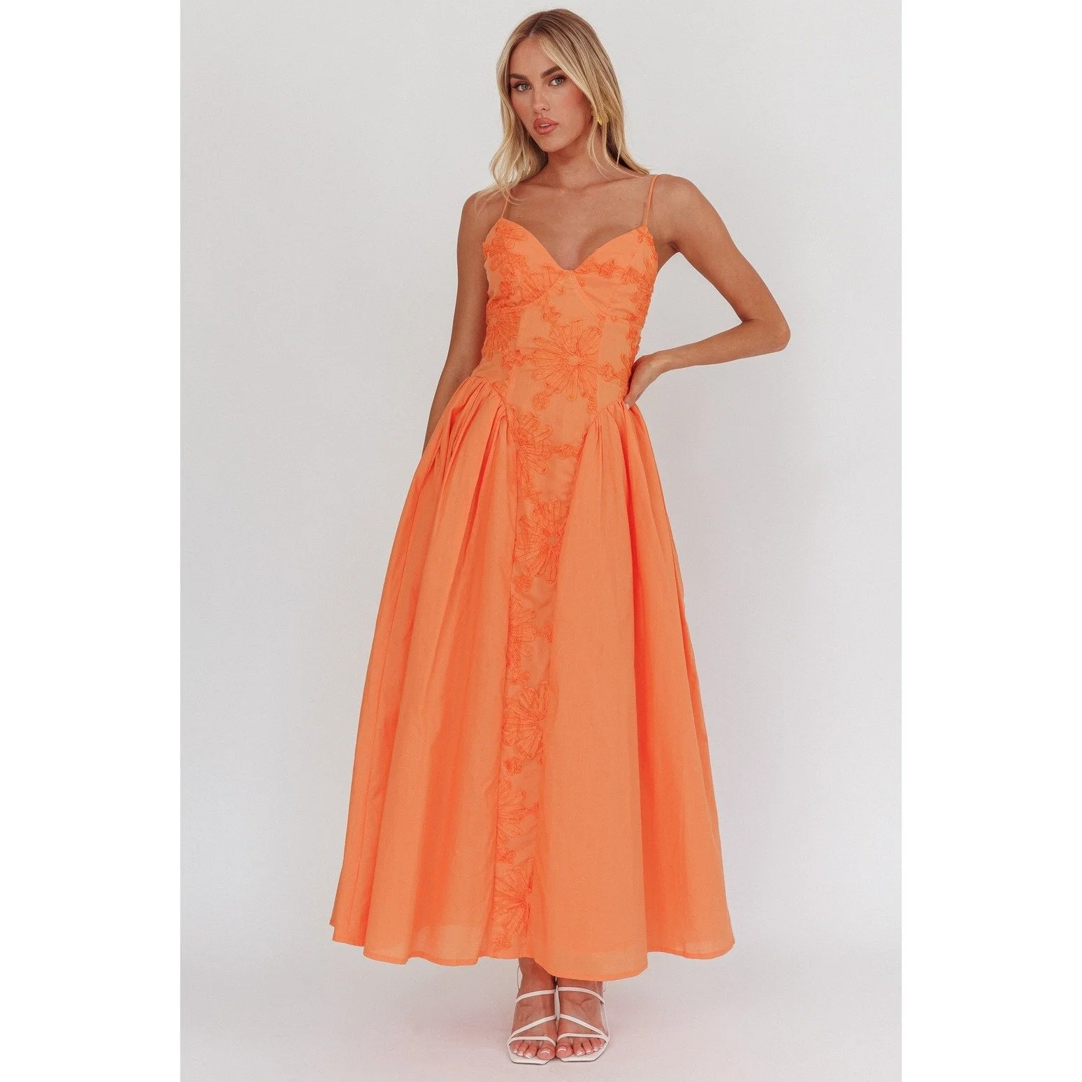 Embroidered Floral Basque-Waist Sundress Orange  Byron & Barclay