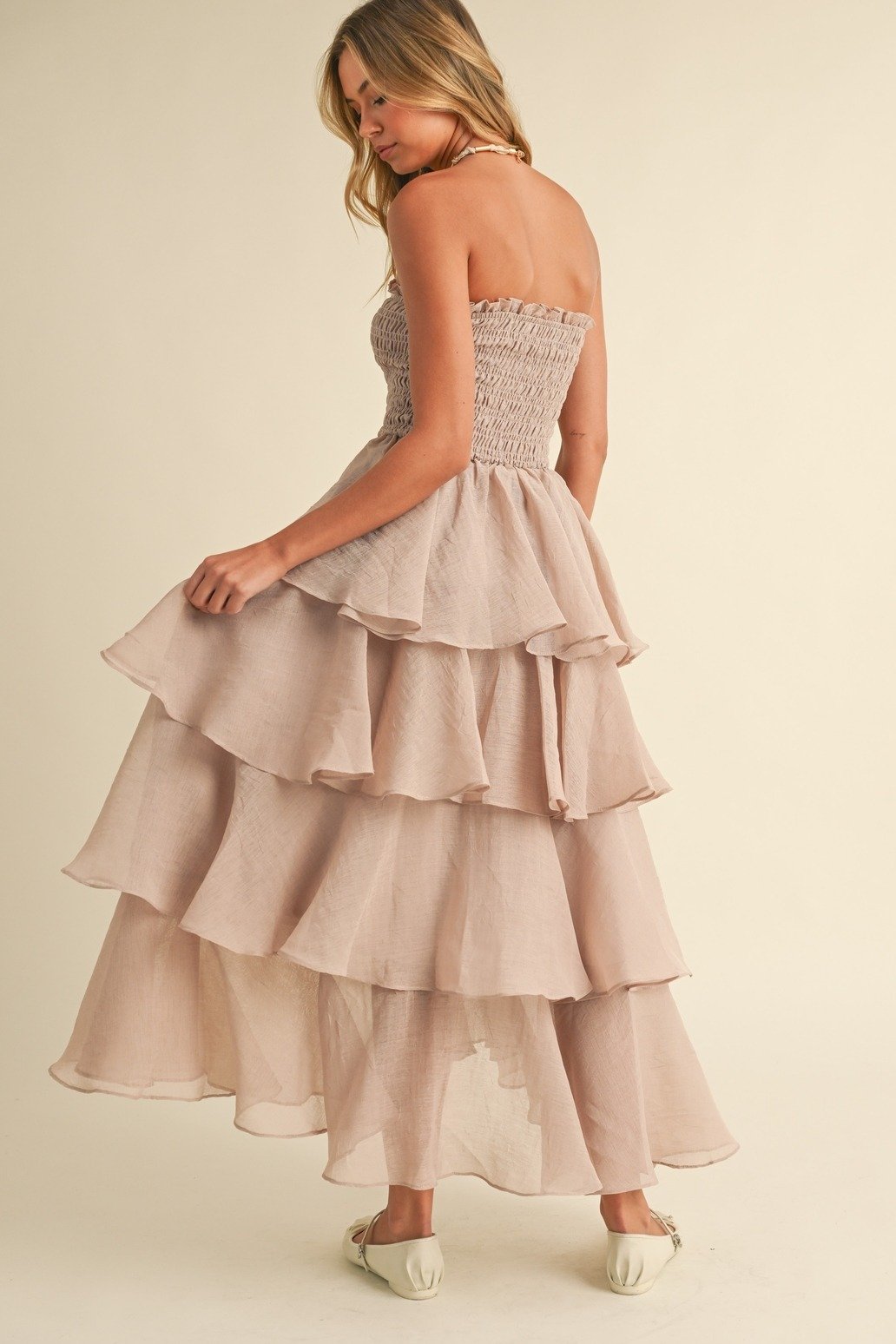Smocked Tiered Ruffle Maxi Dress Taupe