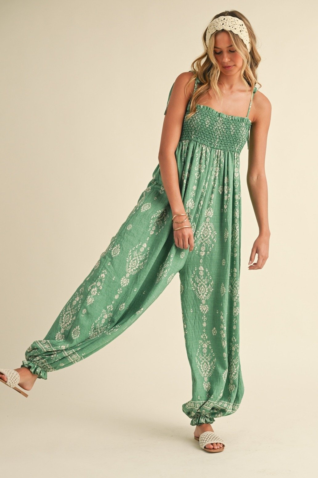 Smocked Bandana Print Balloon Jumpsuit Green