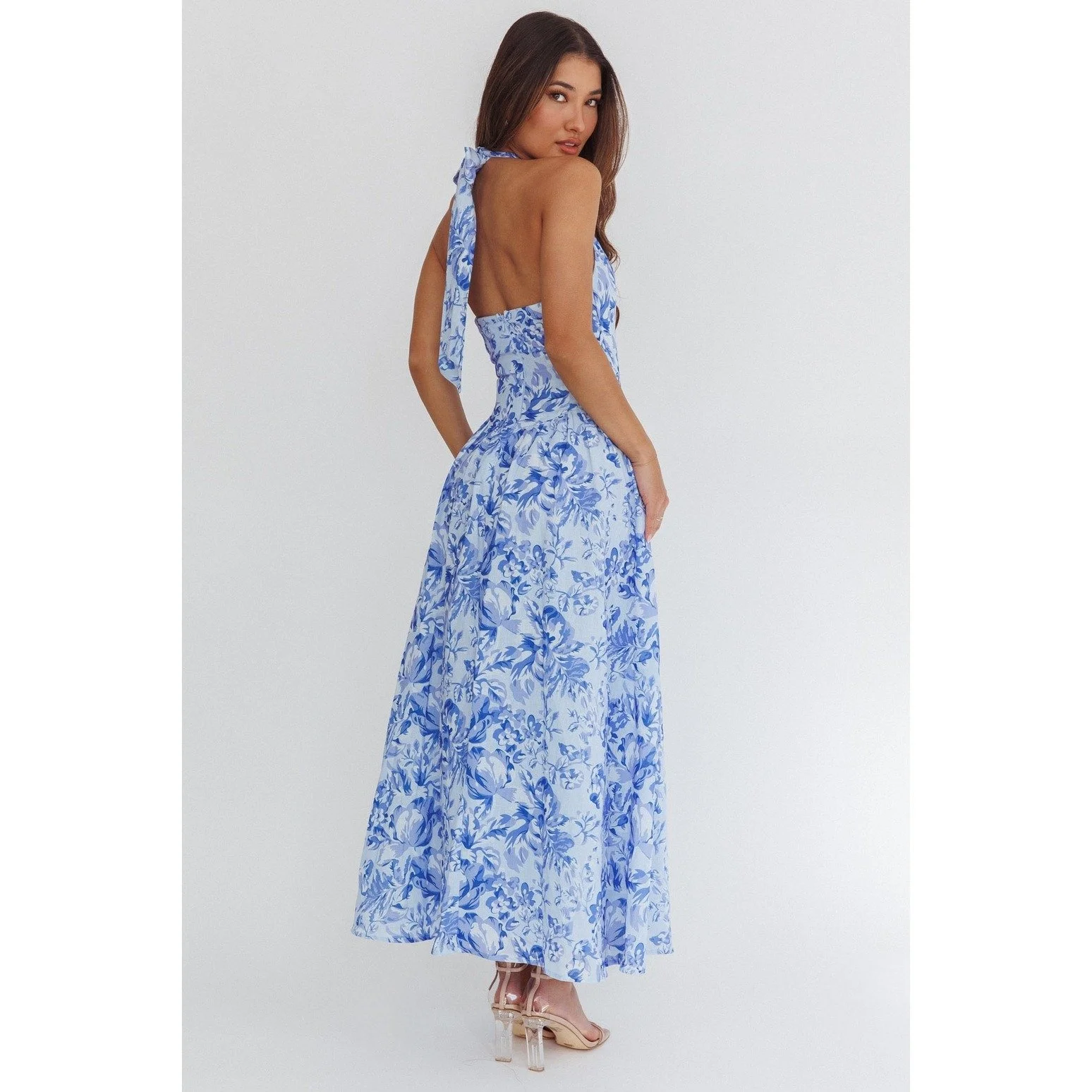 Halter Basque Waist Maxi Dress Cornflower Floral