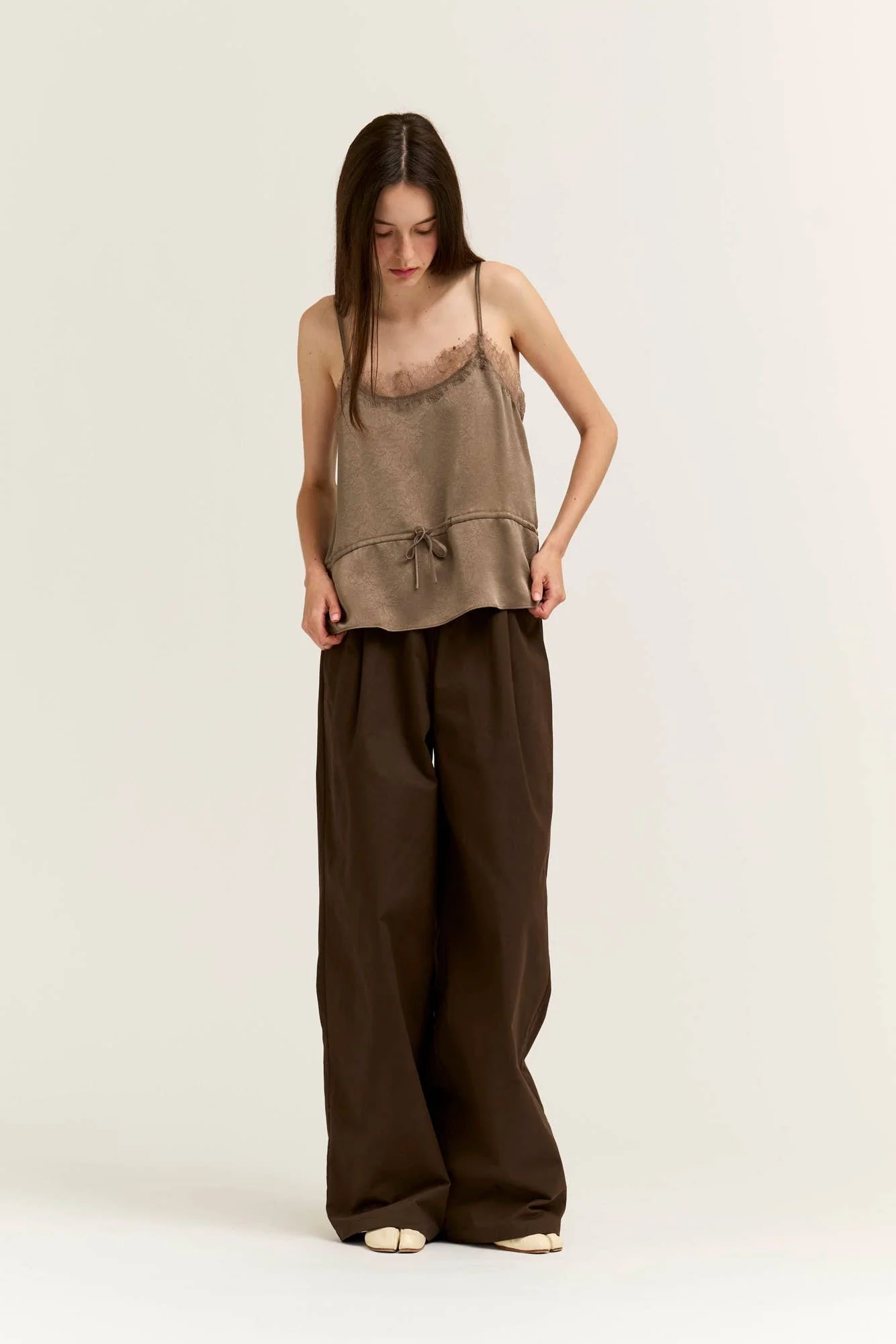 Crinkle Satin & Lace Slip Top Mushroom Taupe