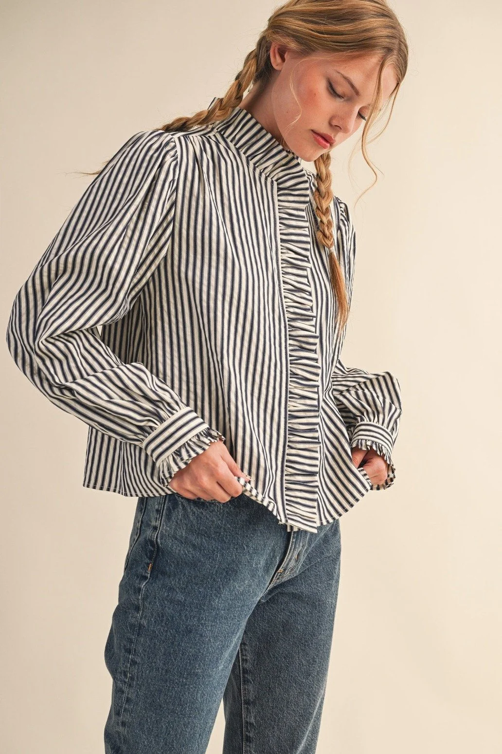 Ruffle Collar Button Front Blouse Black Ticking Stripe