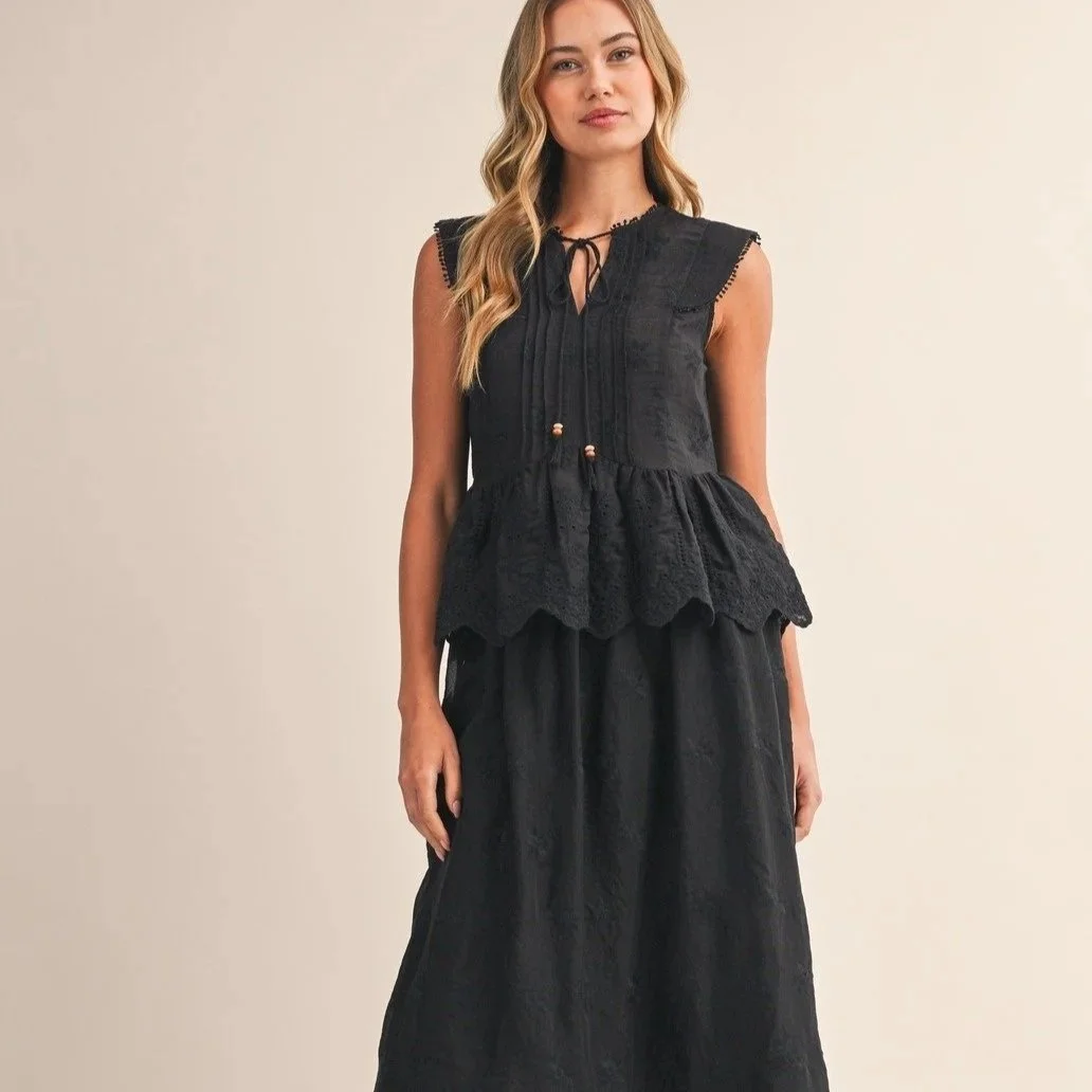 Embroidered Eyelet Blouse & Midi Skirt Set Black