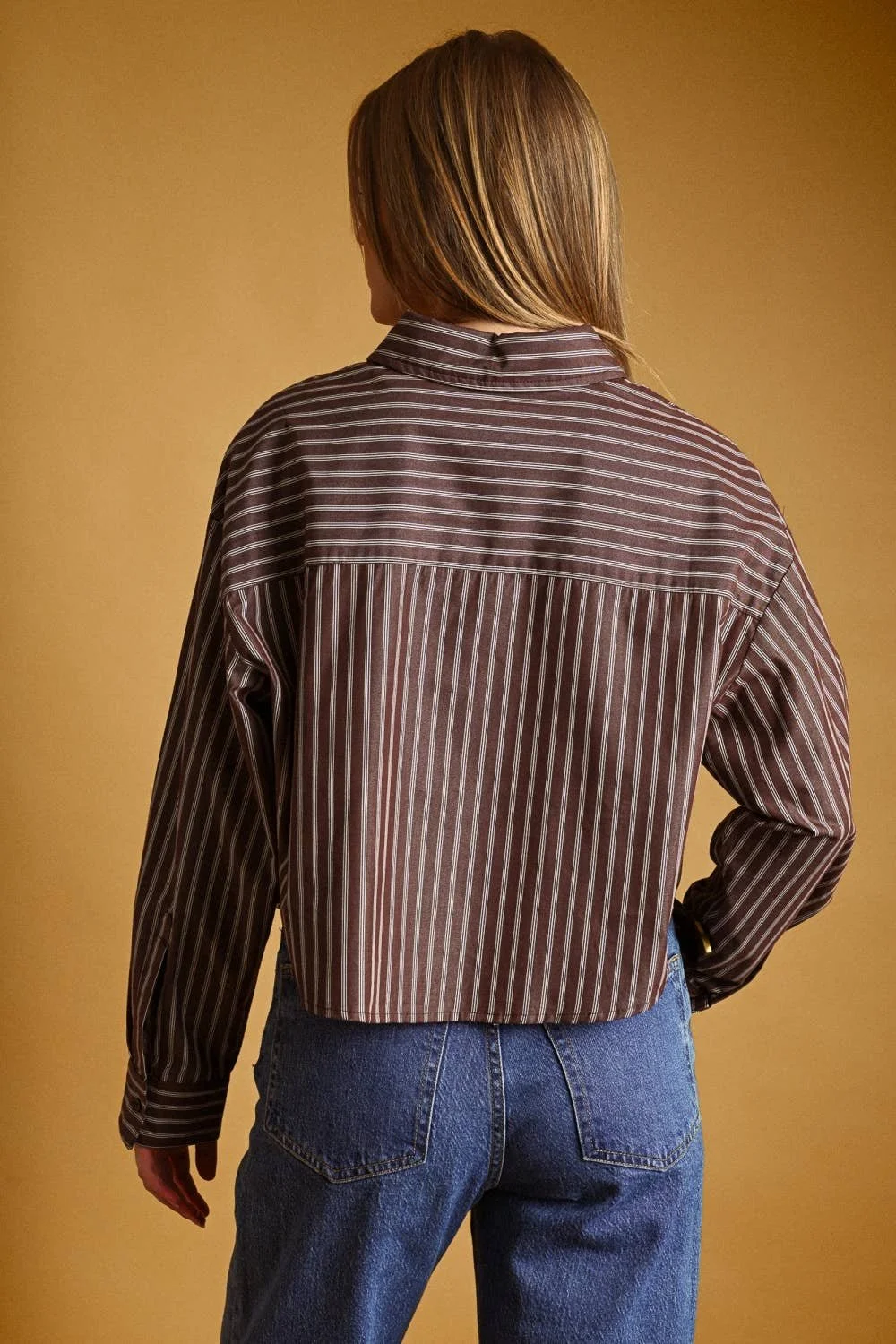 Striped Cropped Poplin Button Down Chocolate
