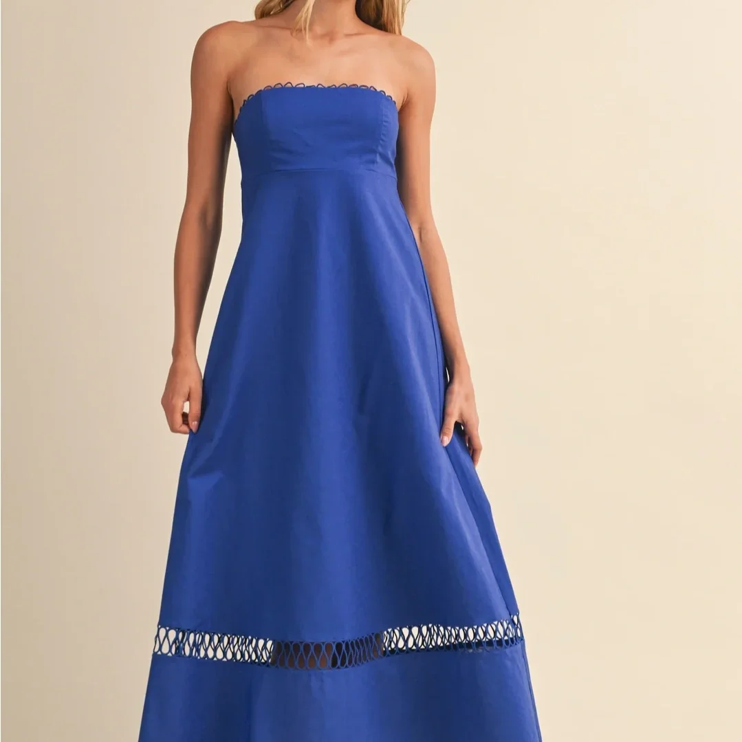 Rope Detail Strapless Linen Midi Dress Royal
