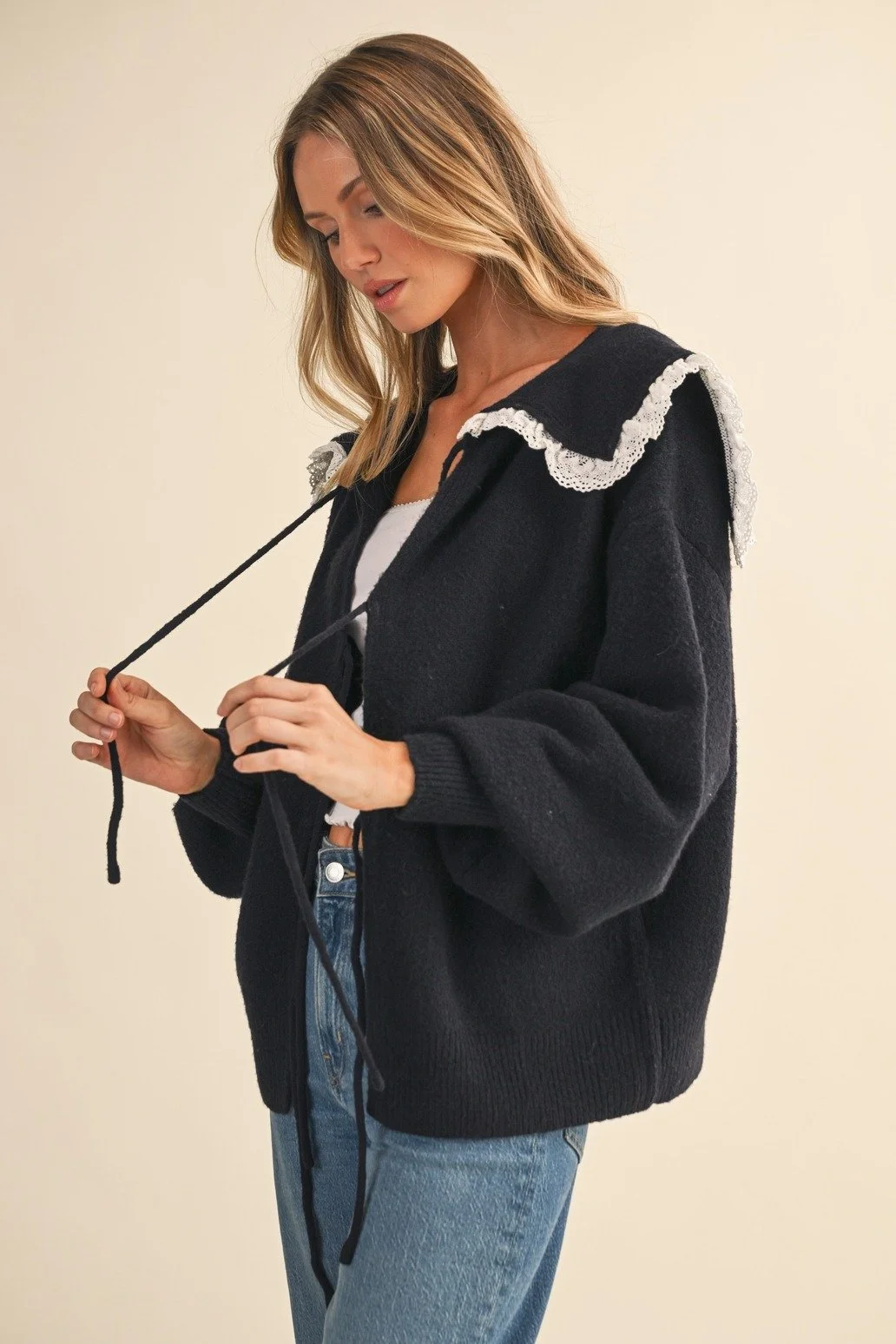 Lace Trim Tie Front Collared Cardigan - Navy