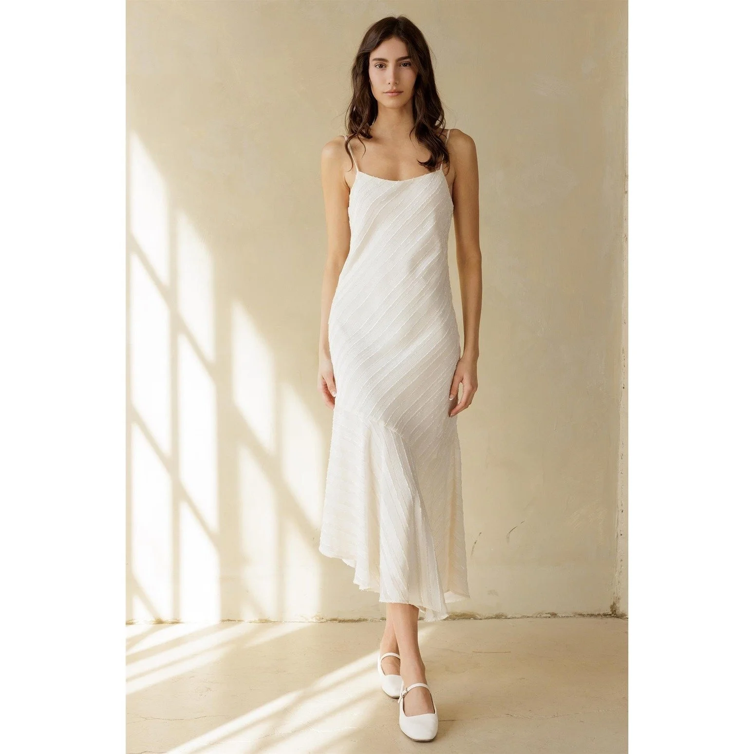 Asymmetric Ruffled Midi Slip Dress Cream