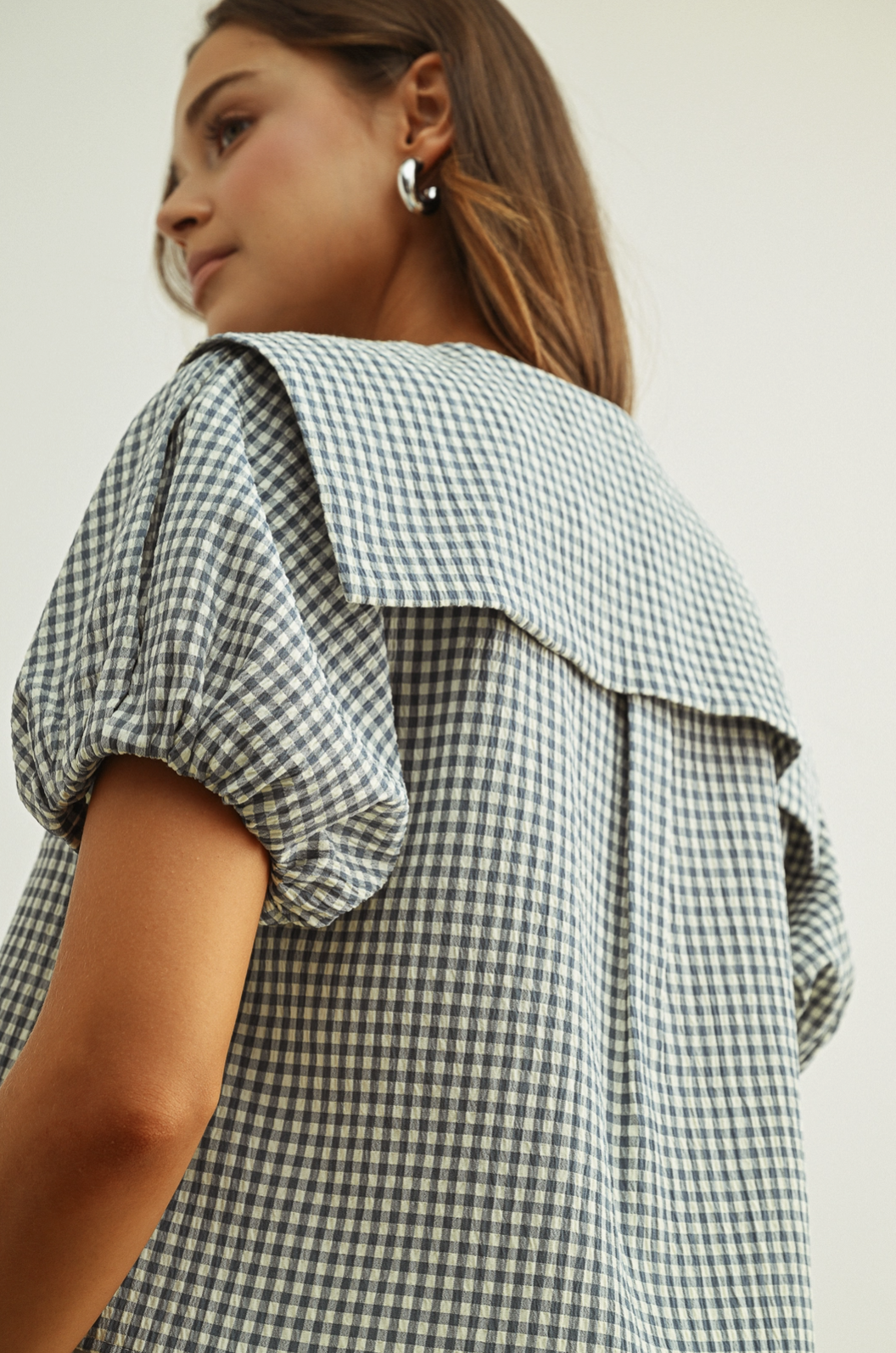 Front Tie Collared Blouse Blue Gingham