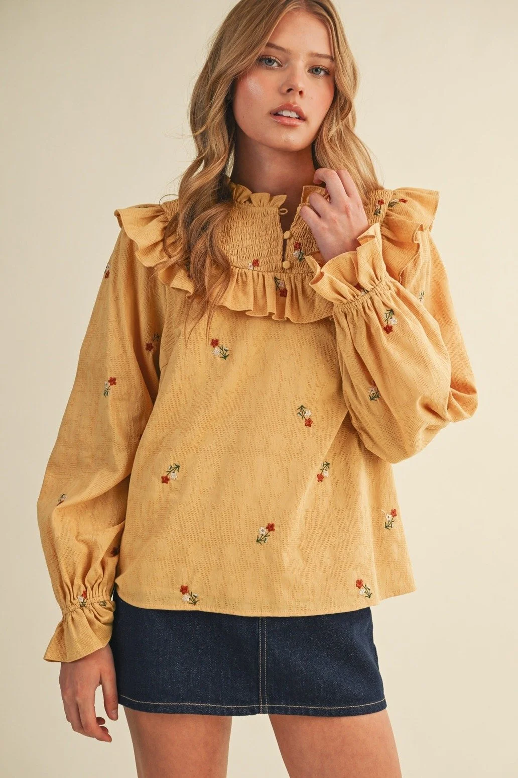 Ruffled Smocked Yoke Embroidered Blouse Mustard