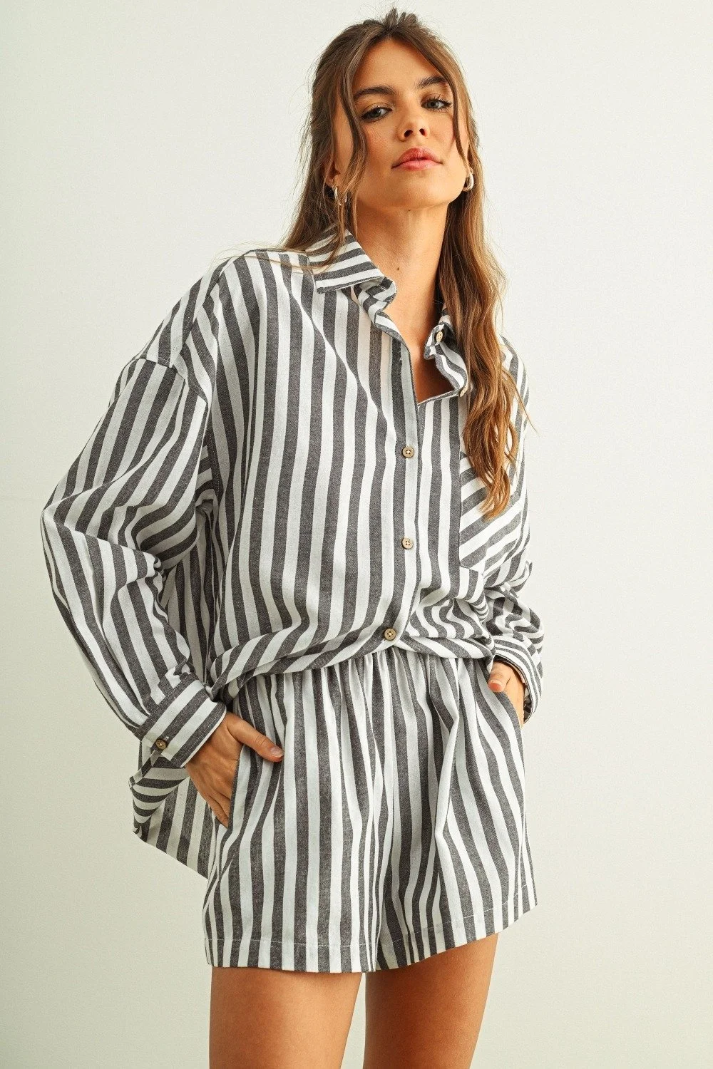 Linen Collared Button Down Black & White Stripe