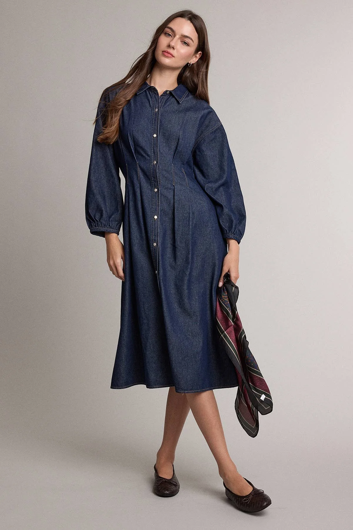 Pinch Waist Shirt Dress Dark Denim