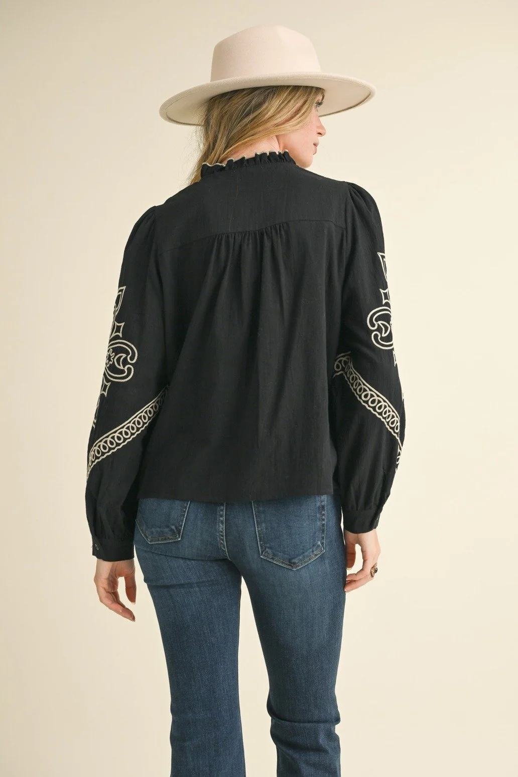 Western Embroidered Puff Sleeve Button Blouse Black