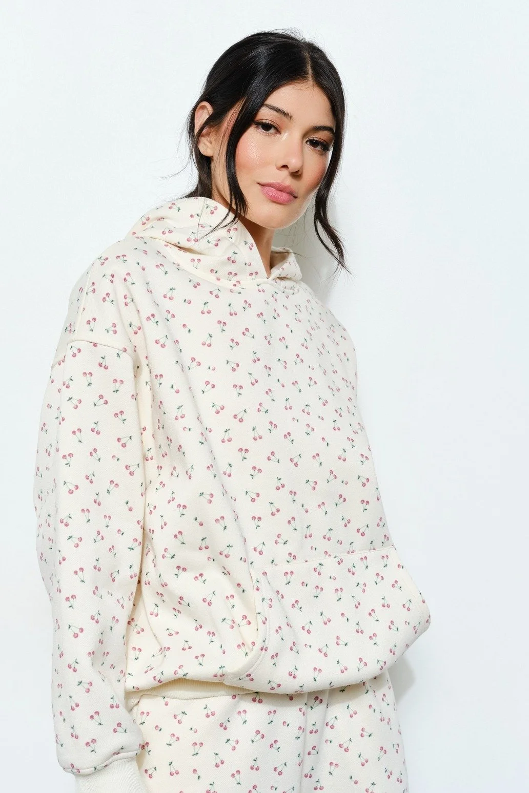 Beverly Cherry Print Hoodie Cream